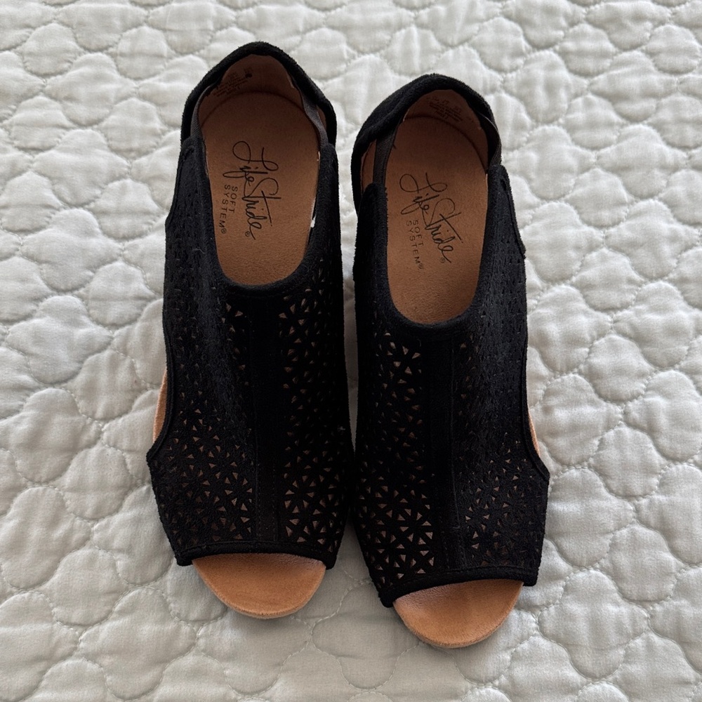 Life Stride Black Peep-Toe Wedges